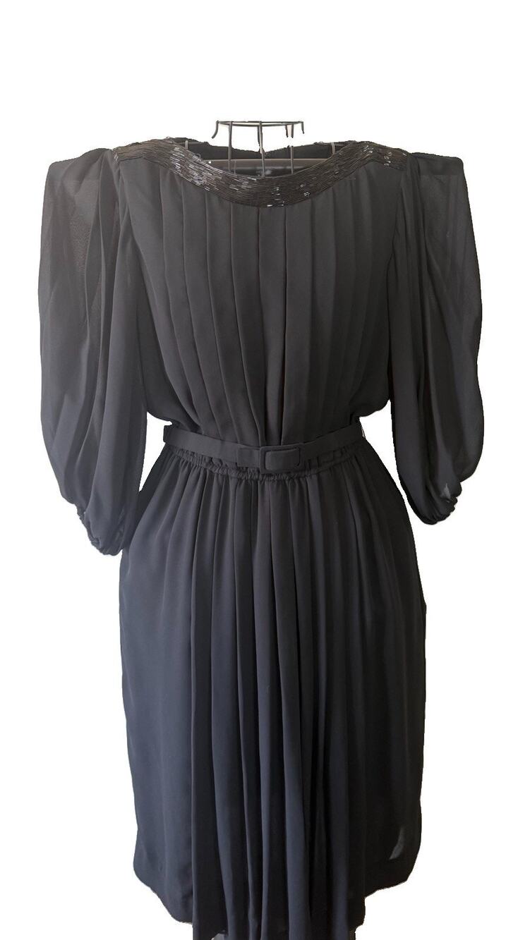 Jack Bryan Black Chiffon Midi Dress Pleated Balloon Sleeve Beaded Small 1970s